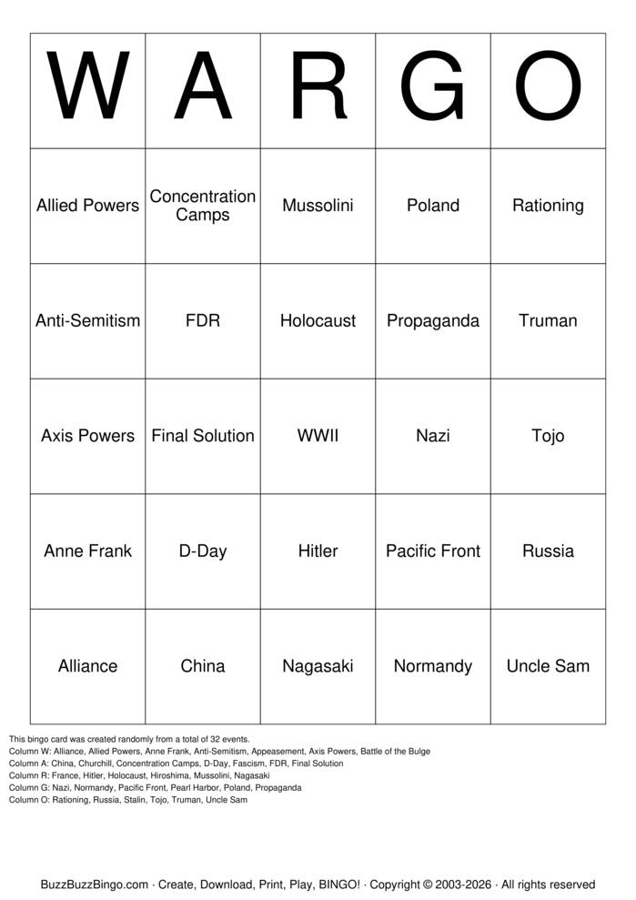Download Free World War II Bingo Cards Download Free World War II Bingo Cards