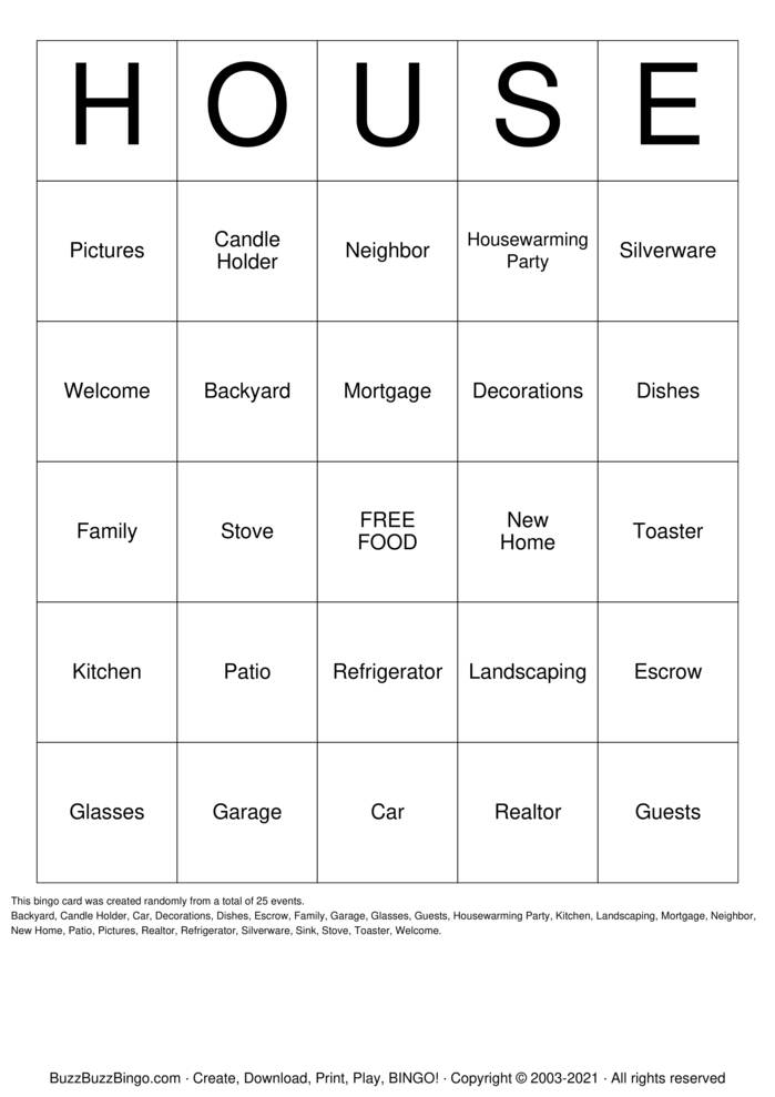 housewarming Bingo Cards to Download, Print and Customize!