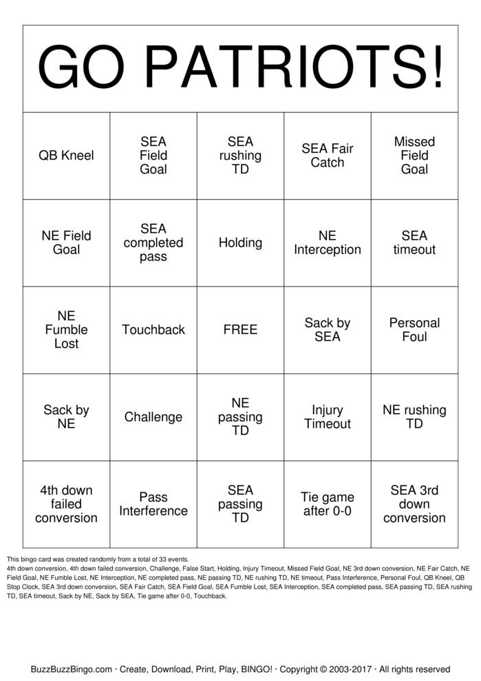 2015 Superbowl NE vs SEA Bingo Cards to Download, Print and Customize!