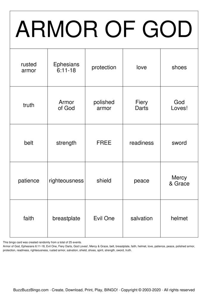 Download Free Armour of God Bingo Cards Download Free Armour of God Bingo Cards