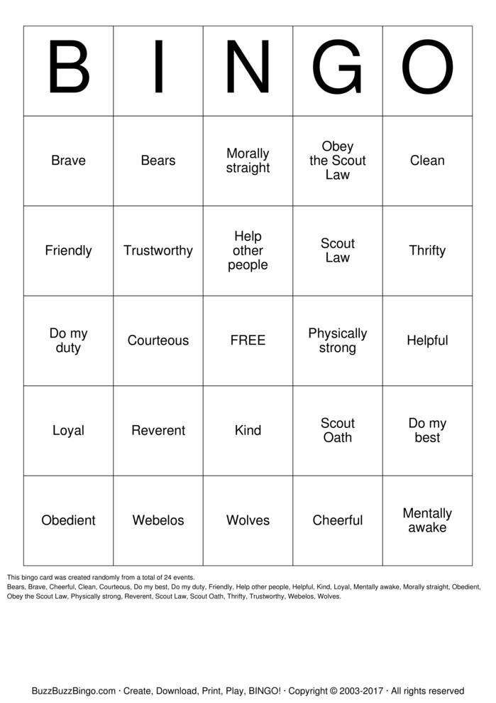 Download Free Cub Scouts Bingo Cards