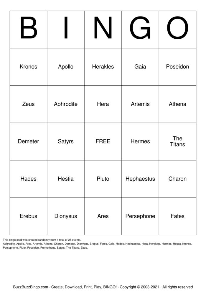 Download Free Greek Mythology Bingo Cards