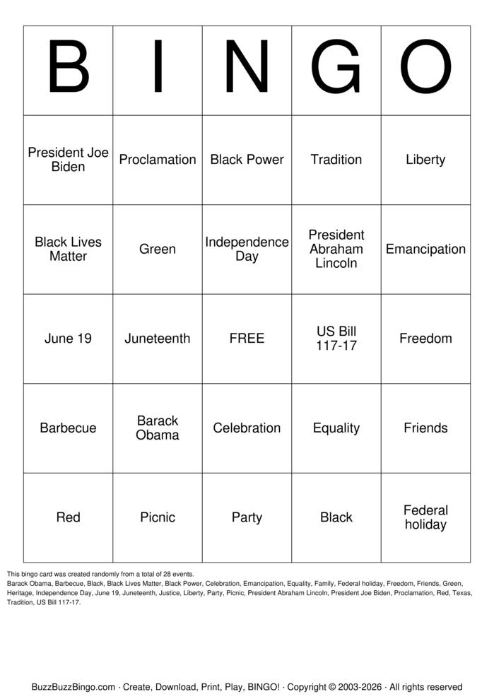 Download Free Juneteenth Bingo Cards