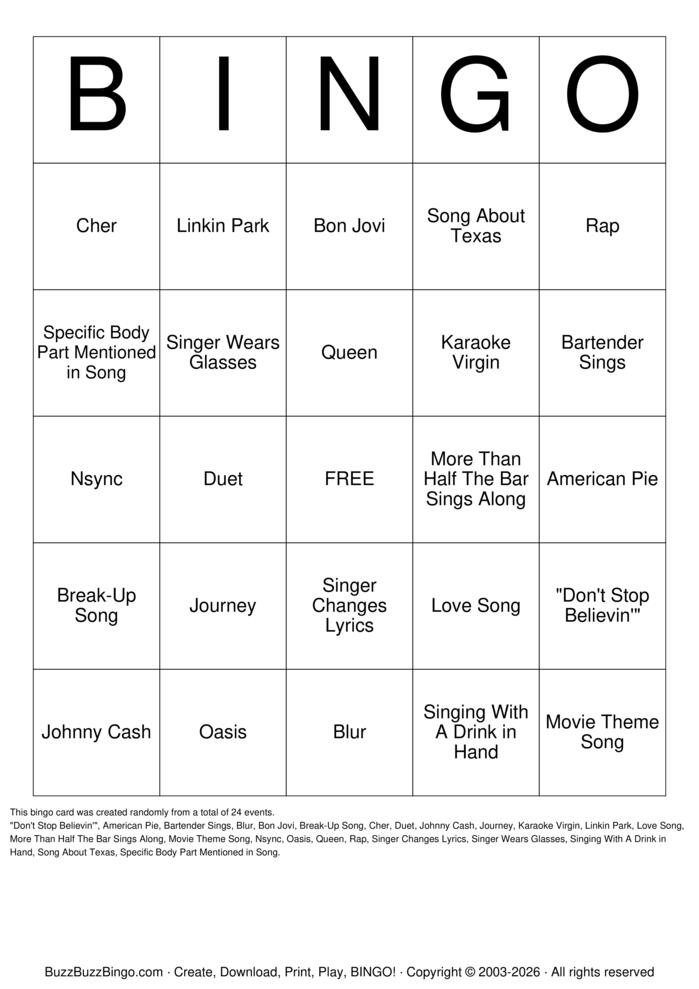 Download Free KARAOKE Bingo Cards Download Free KARAOKE Bingo Cards