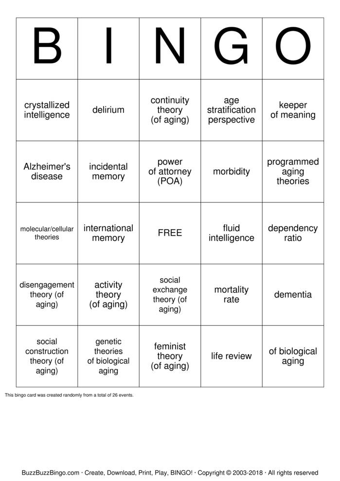 Download Free Late Adulthood Bingo Cards