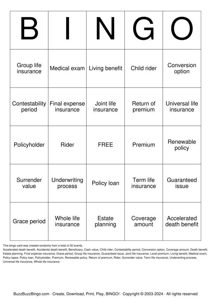 Download Free Life Insurance Bingo Cards