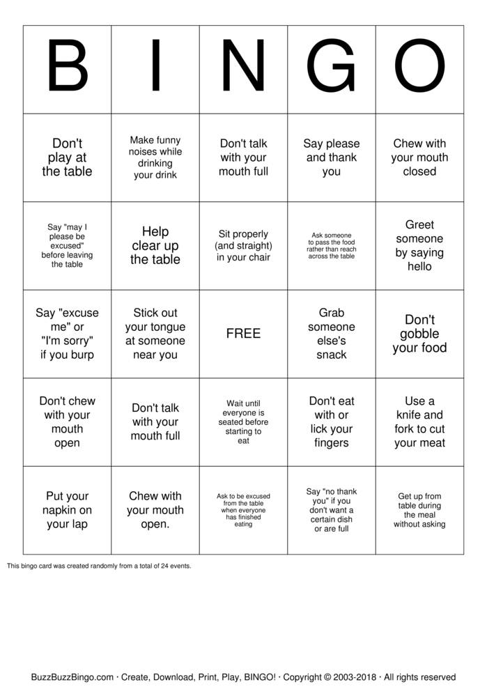 Manners Bingo Cards to Download, Print and Customize!