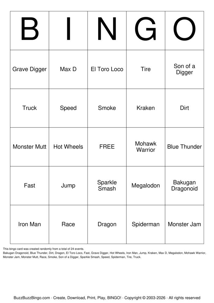 Download Free Monster Jam Bingo Cards Download Free Monster Jam Bingo Cards