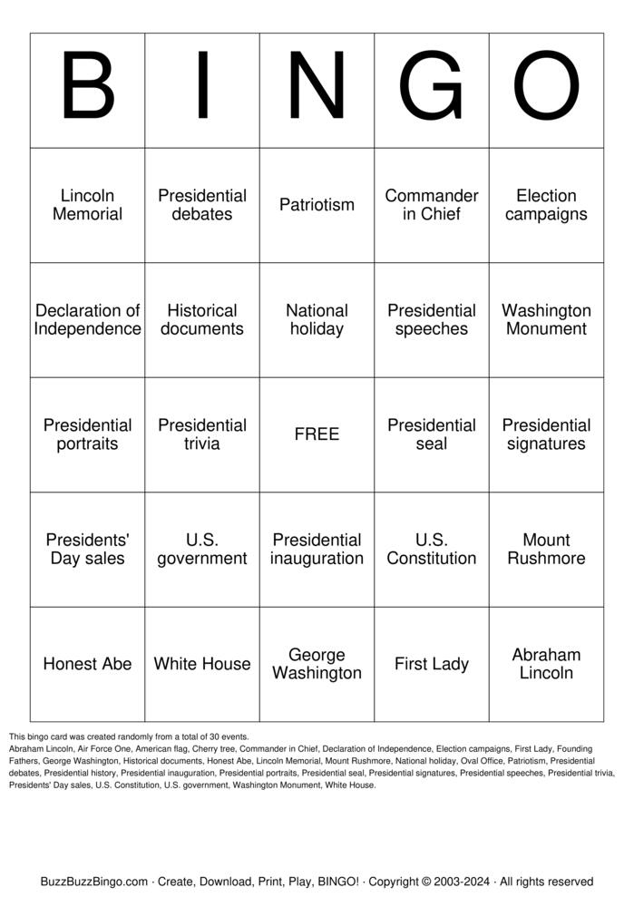 Download Free Presidents Day Bingo Cards