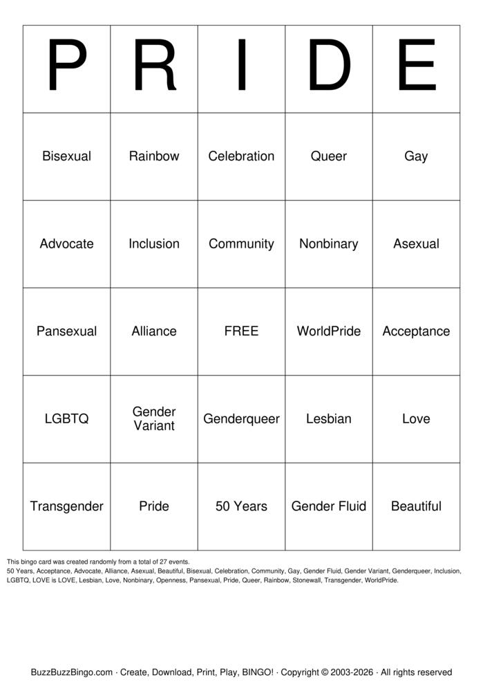 Download Free Pride Bingo Bingo Cards
