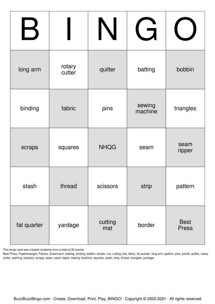 Download Free QUILT Bingo Cards Download Free QUILT Bingo Cards