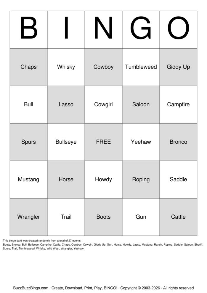 Download Free RODEO Bingo Cards