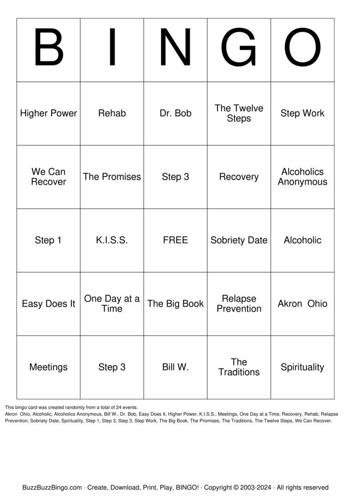 Download Free Recovery Bingo Cards Download Free Recovery Bingo Cards