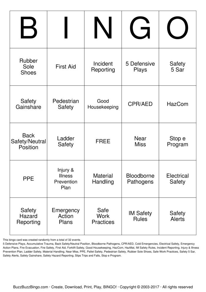 Download Free Safety Bingo Cards