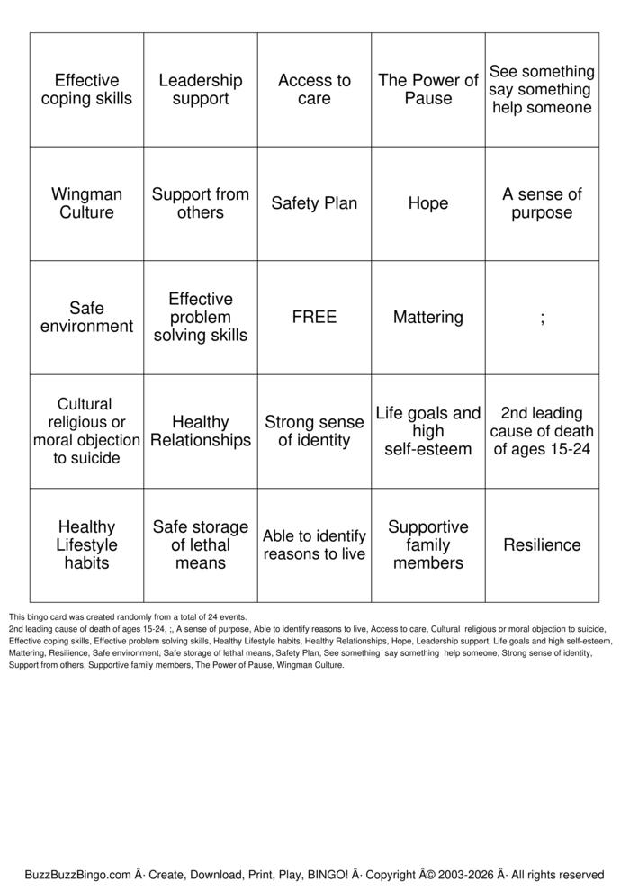 Download Free Suicide Awareness/Prevention Bingo Cards