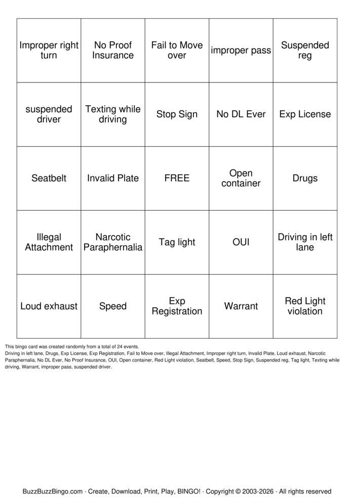 Download Free Traffic Stop Bingo Bingo Cards Download Free Traffic Stop Bingo Bingo Cards