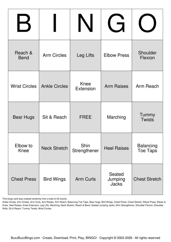 Download Free chair exercise Bingo Cards