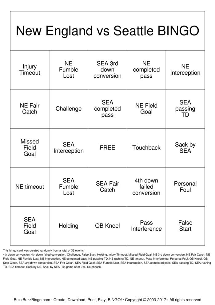 2015 Superbowl NE vs SEA Bingo Cards to Download, Print and Customize!