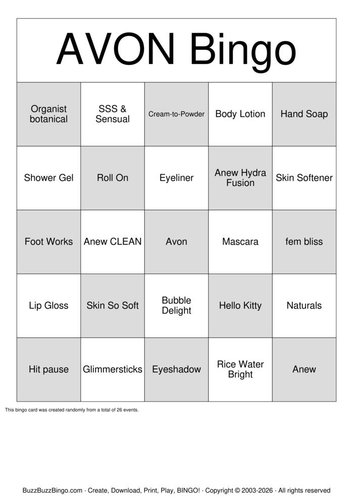 Download Free AVON Bingo Bingo Cards