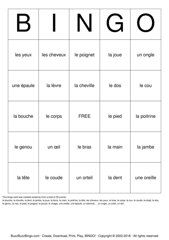 Body Parts Bingo Cards To Download Print And Customize 