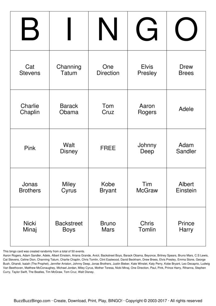 Download Free Celebrity Bingo Bingo Cards