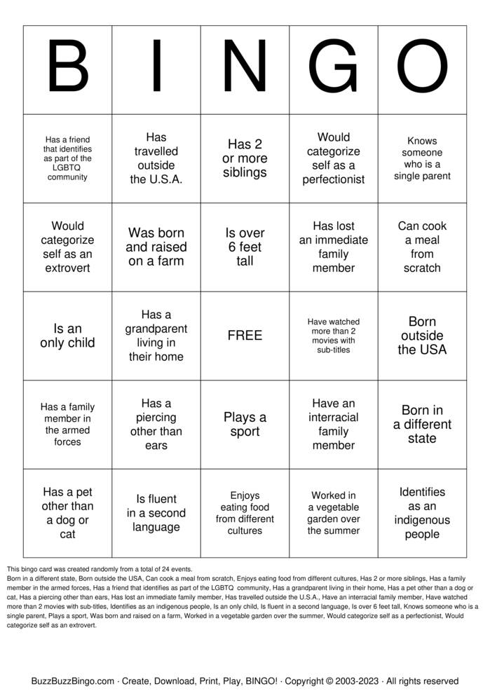 Download Free Cultural Diversity Bingo Cards