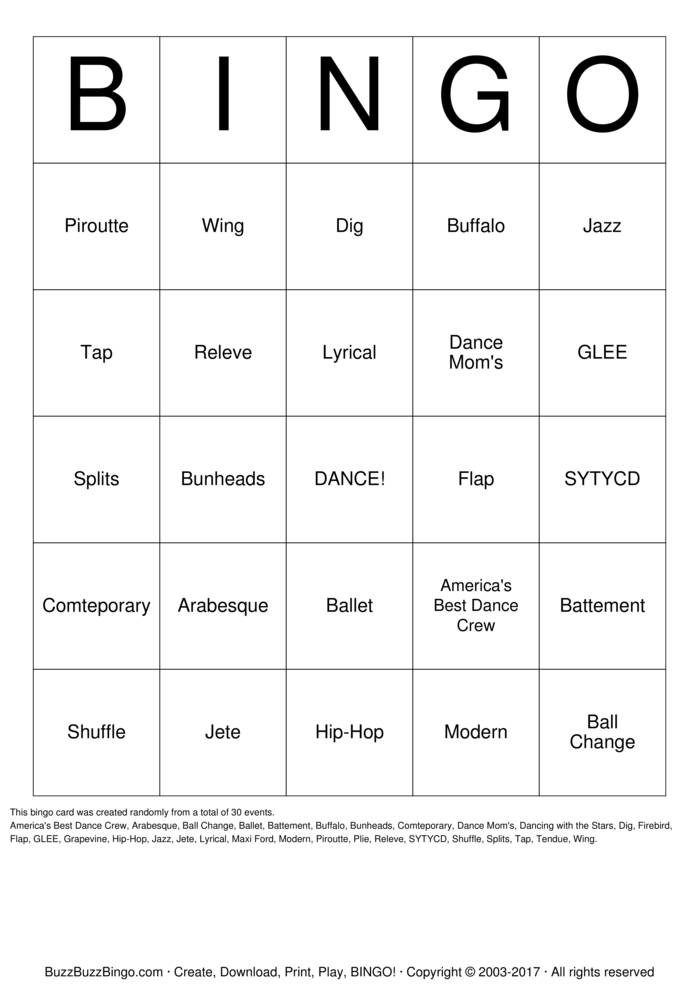 Download Free DANCE Bingo Cards