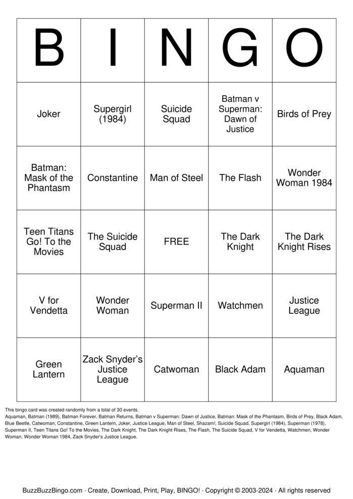 Download Free DC Movies Bingo Cards