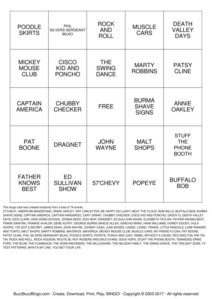 Download Free FABULOUS 50s Bingo Cards