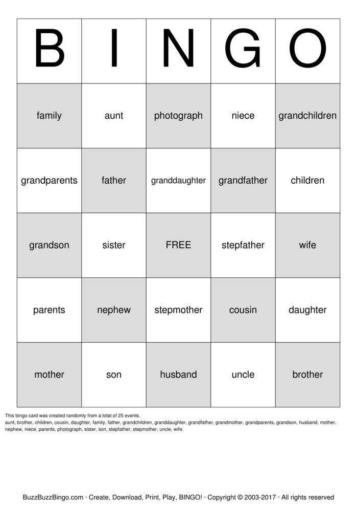 Download Free Family Bingo Cards
