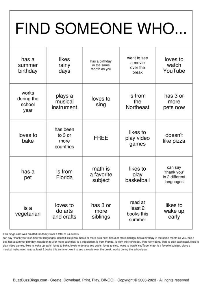 Download Free Getting to Know you! Bingo Cards