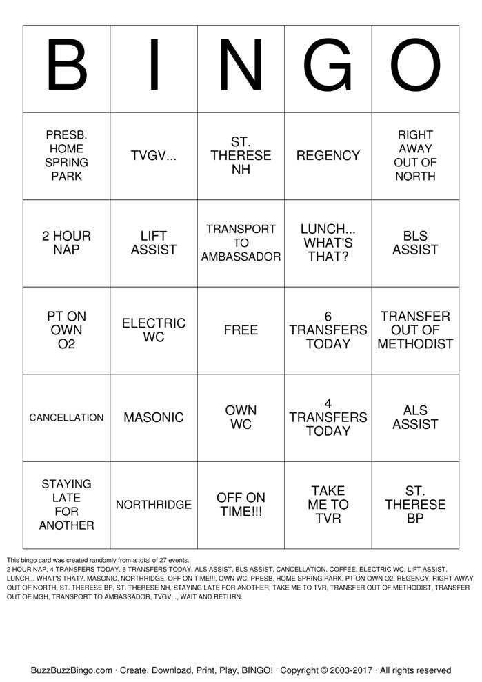 Download Free NORTH WC  Bingo Cards