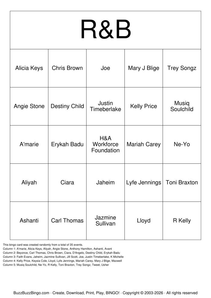 Download Free R&B Bingo Cards Download Free R&B Bingo Cards