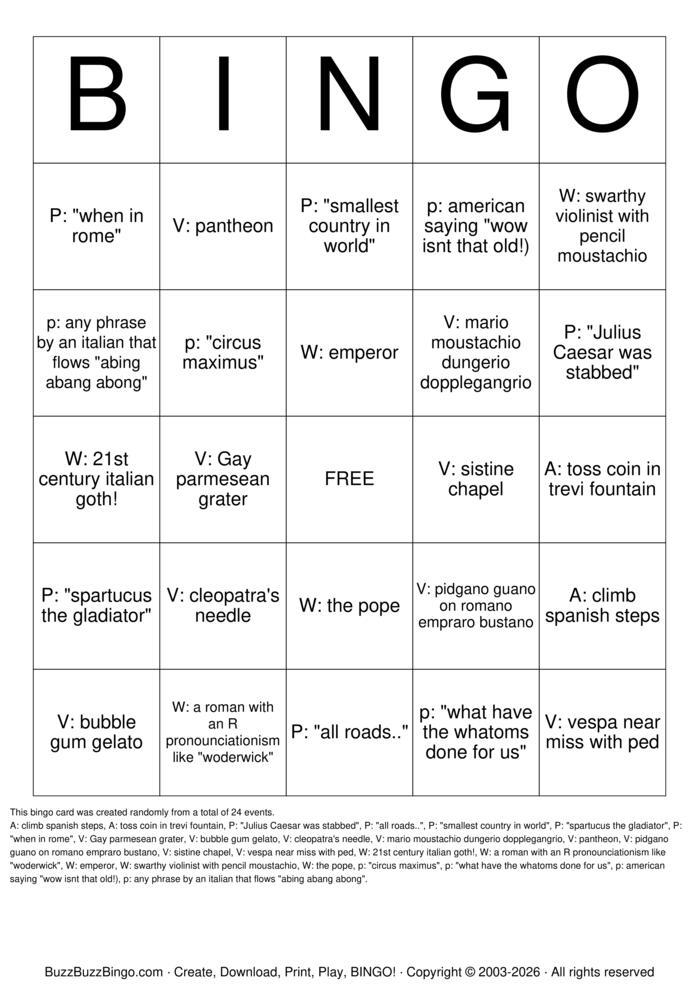 Download Free Rome Bingo Cards Download Free Rome Bingo Cards