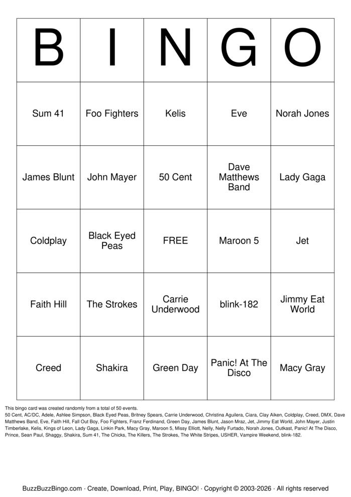 Download Free SNL Musical Guests Artists Bingo Cards Download Free SNL Musical Guests Artists Bingo Cards