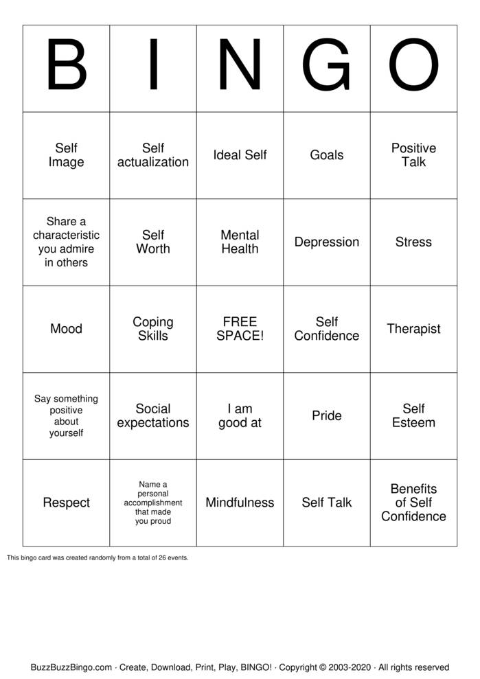 Self Esteem Bingo Cards to Download, Print and Customize!