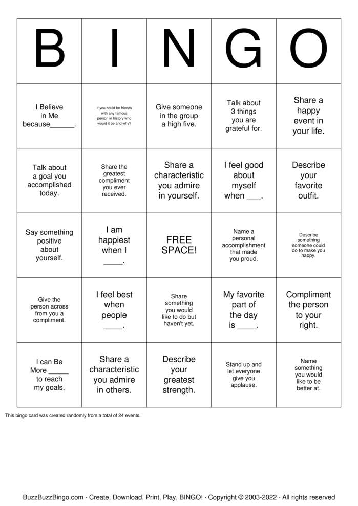 Self Esteem Bingo Cards to Download, Print and Customize!
