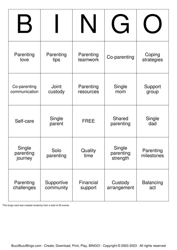 Download Free Single Parent Support Groups Bingo Cards