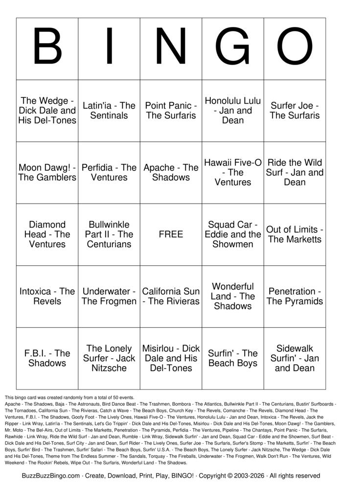 Download Free Surf Rock Top 50 Bingo Cards
