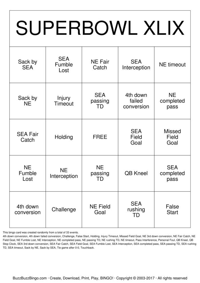 2015 Superbowl NE vs SEA Bingo Cards to Download, Print and Customize!