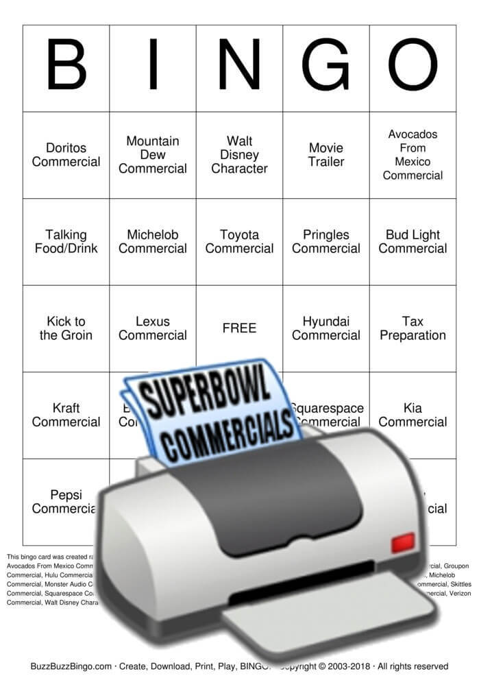 2018 Superbowl Commercials Bingo Cards to Download, Print and Customize!