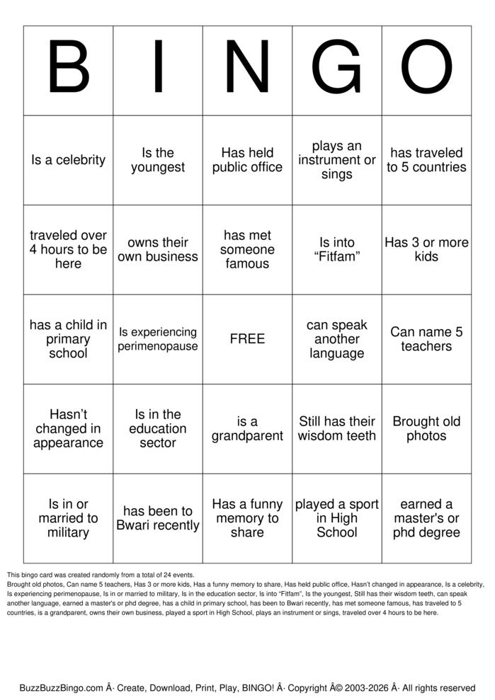 Download Free 30th Class Reunion Bingo Cards