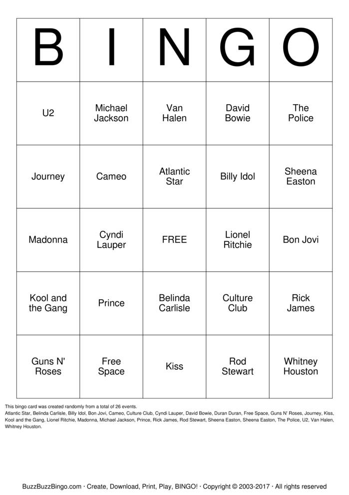 80's Artists Bingo Cards to Download, Print and Customize!