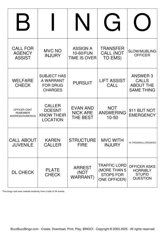 Download Free 911 Dispatcher Bingo Cards Download Free 911 Dispatcher Bingo Cards