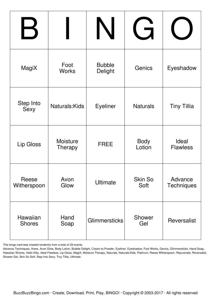 Download Free AVON! Bingo Cards Download Free AVON! Bingo Cards