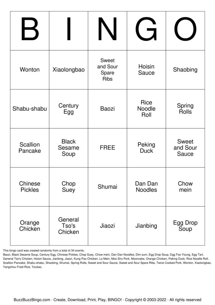 Download Free Chinese Food Bingo Cards