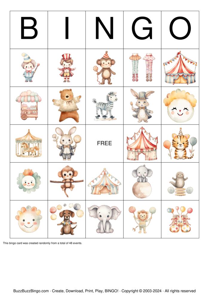 Download Free Cute Circus Images Bingo Cards