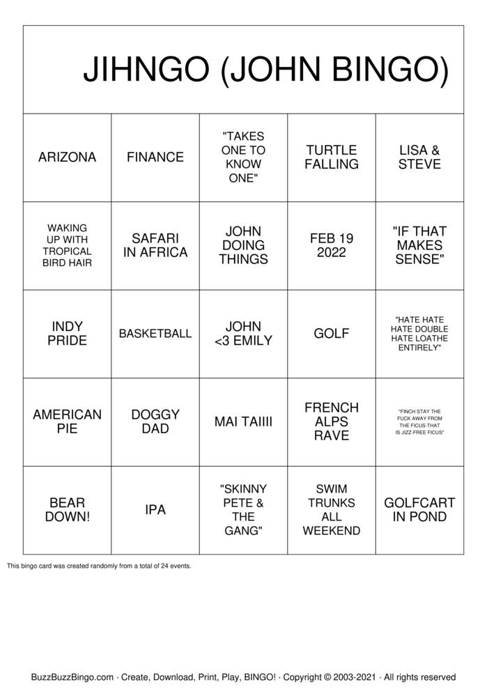 Download Free JOHN'S BINGO   Bingo Cards