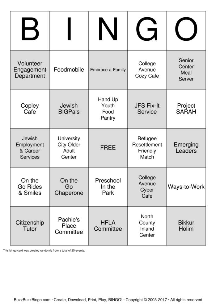 Jewish Family Service of SD Bingo Cards to Download, Print and Customize!