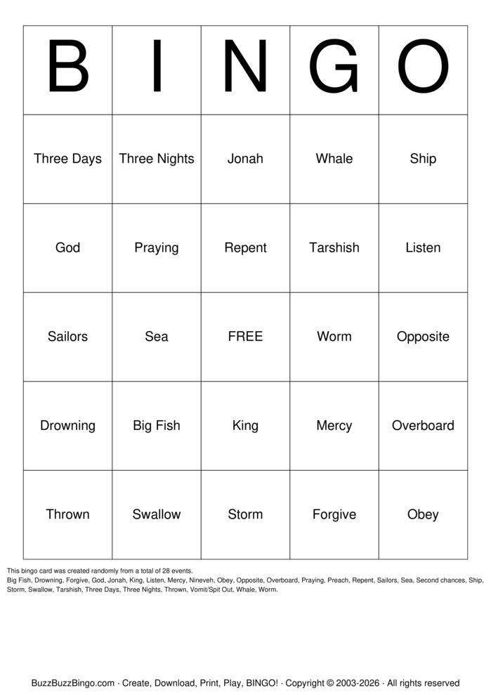 Download Free Jonah and the Whale Bingo Cards Download Free Jonah and the Whale Bingo Cards